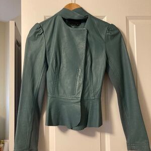 BCBG MaxAzria teal leather jacket with leather scarf